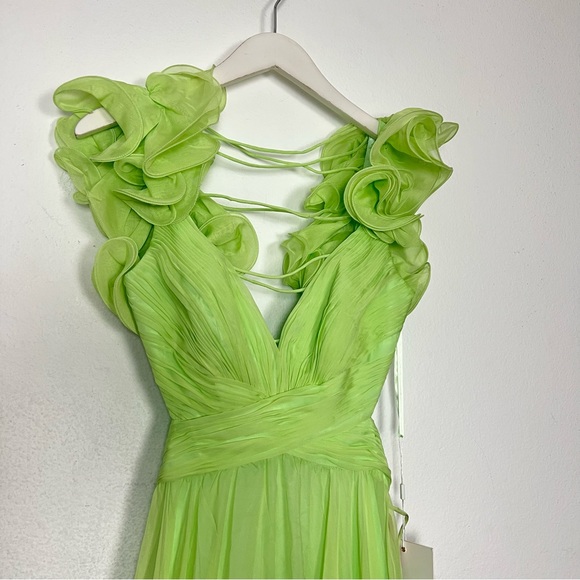 NEW Mac Duggal Indy Ruffle Tiered Cutout Chiffon Gown Mint Green Maxi Dress 4 - Picture 5 of 15